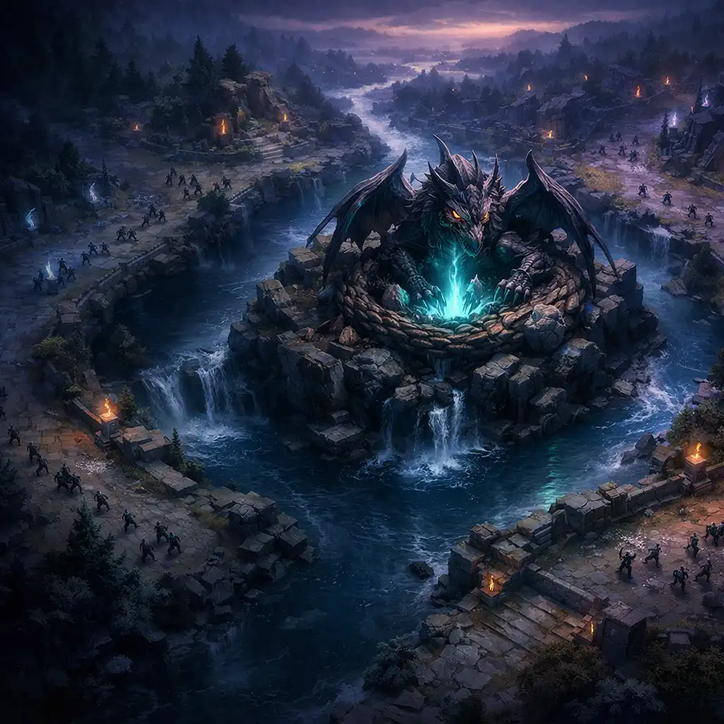 Alkonyati fantasy folyóparti harctér semleges célterülettel