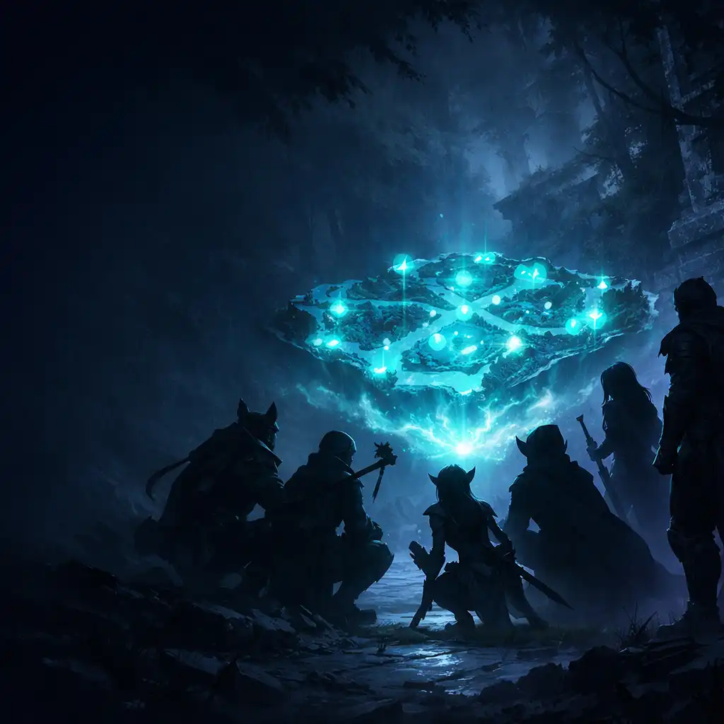 Öt eredeti fantasy ihletésű csapatsziluett egy lebegő taktikai térkép körül