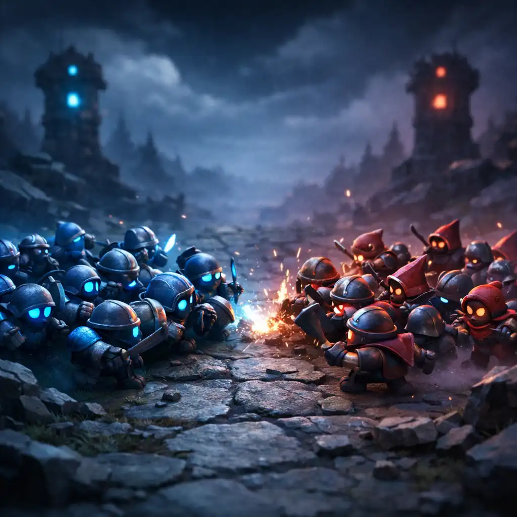 Két stilizált minion hullám találkozik egy sötét fantasy MOBA-vonalon