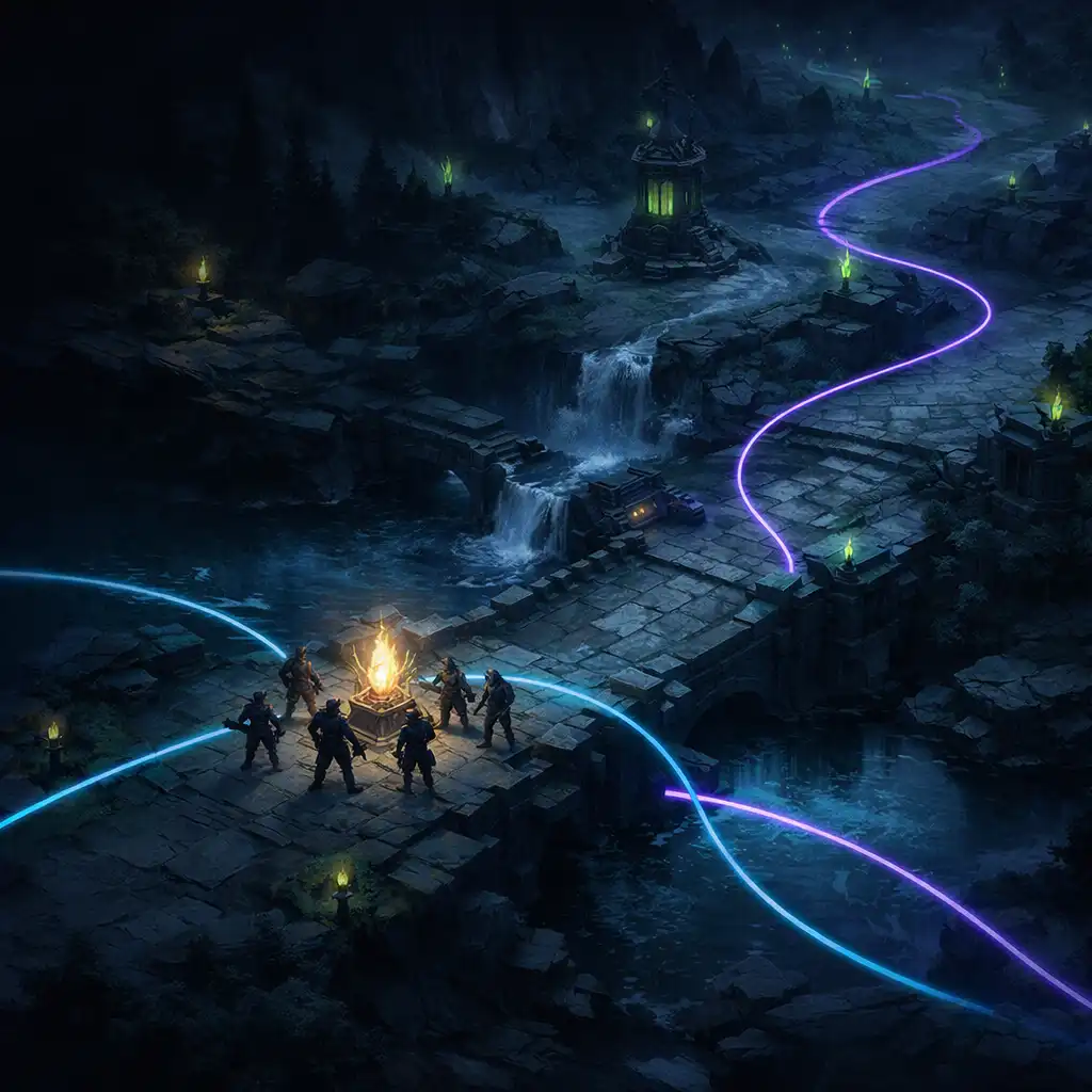 Éjszakai fantasy csatatér folyóátkelővel és összehangolt kalandozókkal
