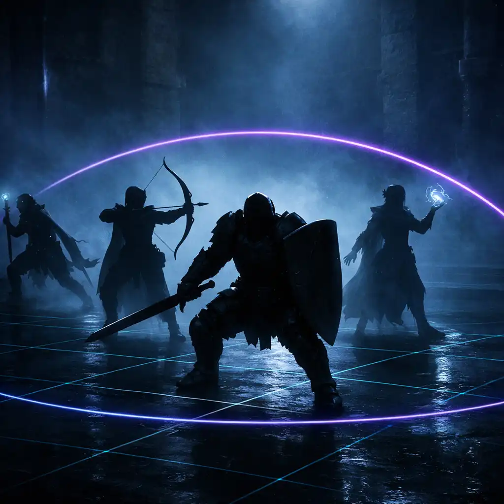 Öt eredeti fantasy harcos sziluettje fegyelmezett csapatharc-formációban