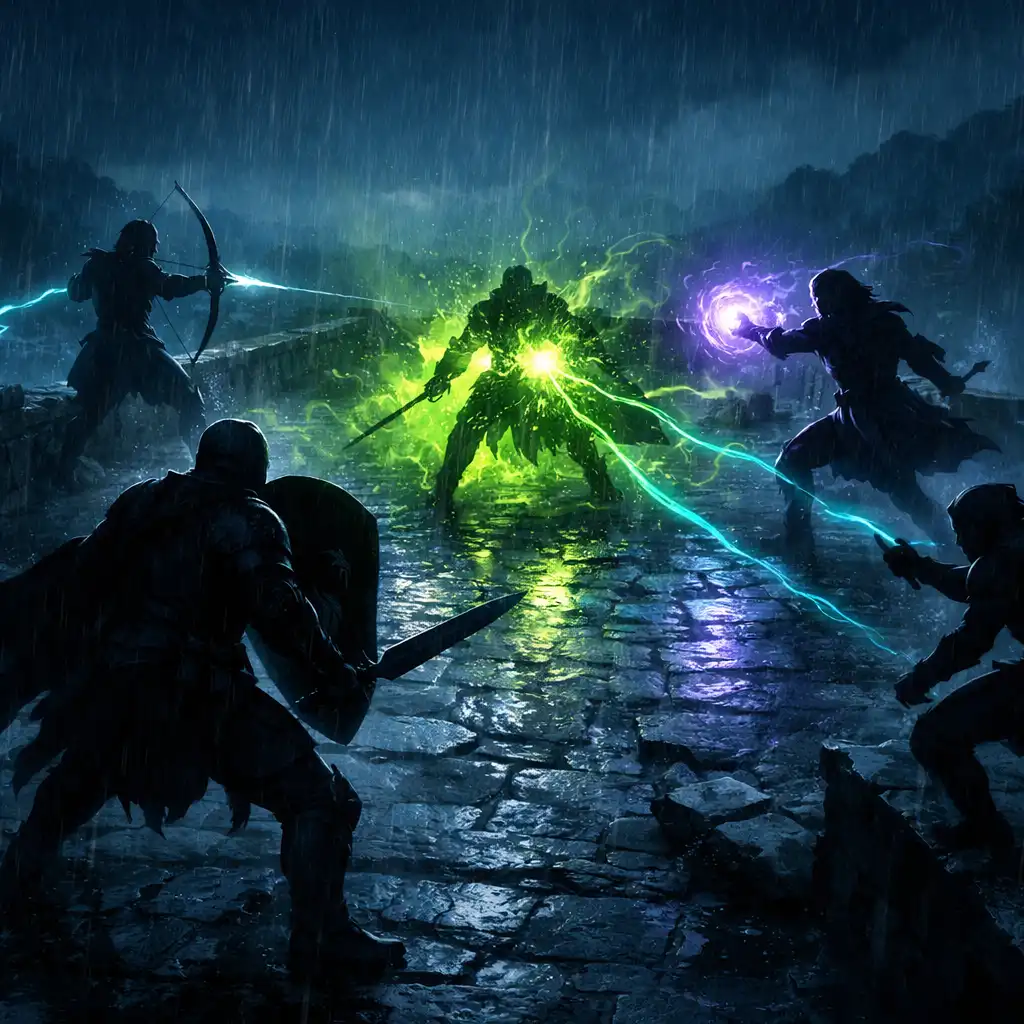 Öt eredeti fantasy ihletésű csapatsziluett taktikai elhelyezkedése egy éjszakai kőhídon
